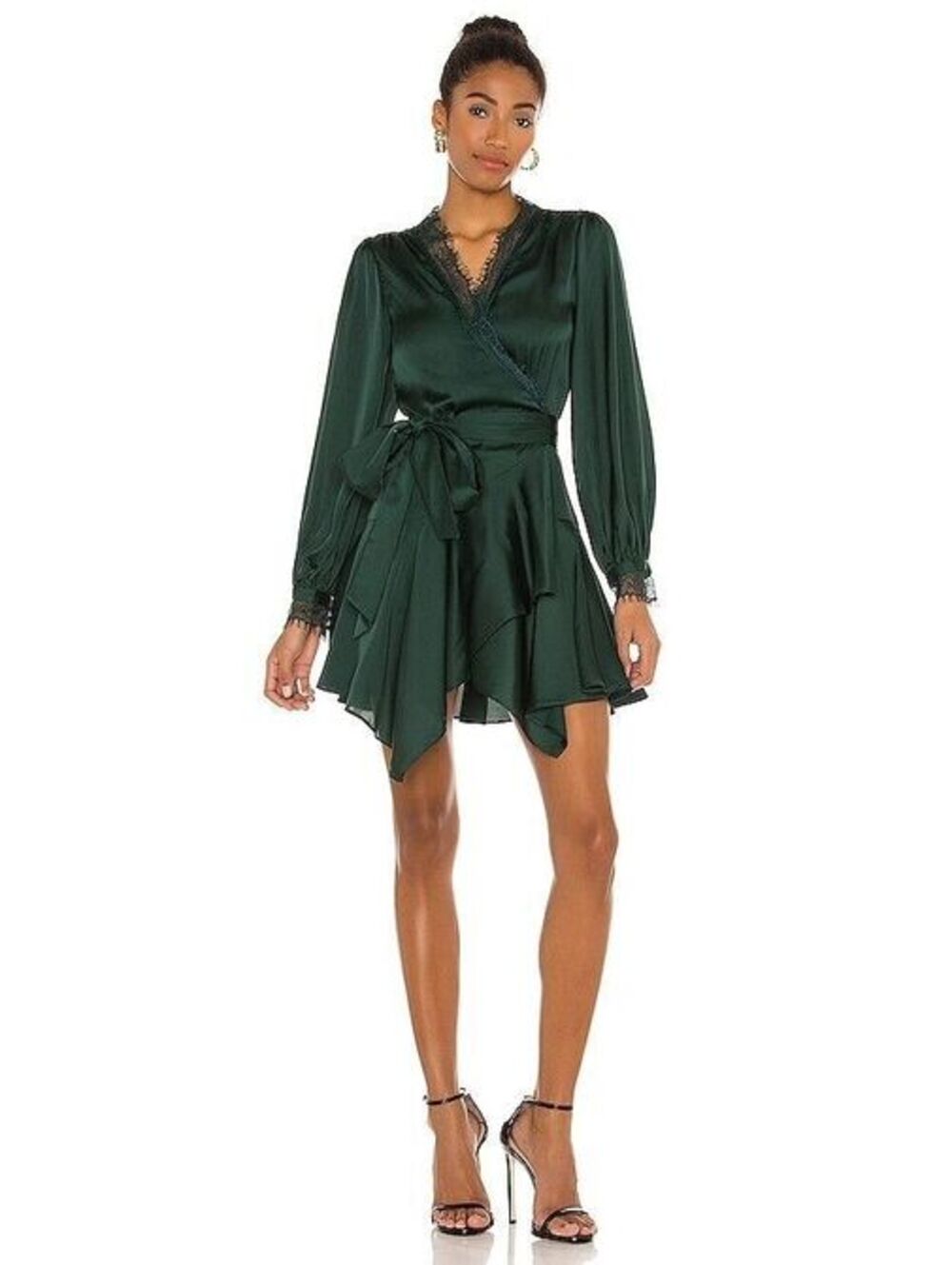 Lovers + Friends Small Emerald Green Satin Lace-Trim Wrap Mini Dress